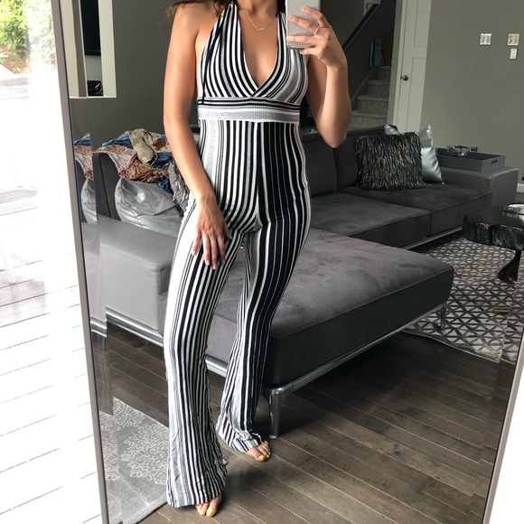 diosa Pants - Diosa Striped Bell Bottom Halter Jumpsuit